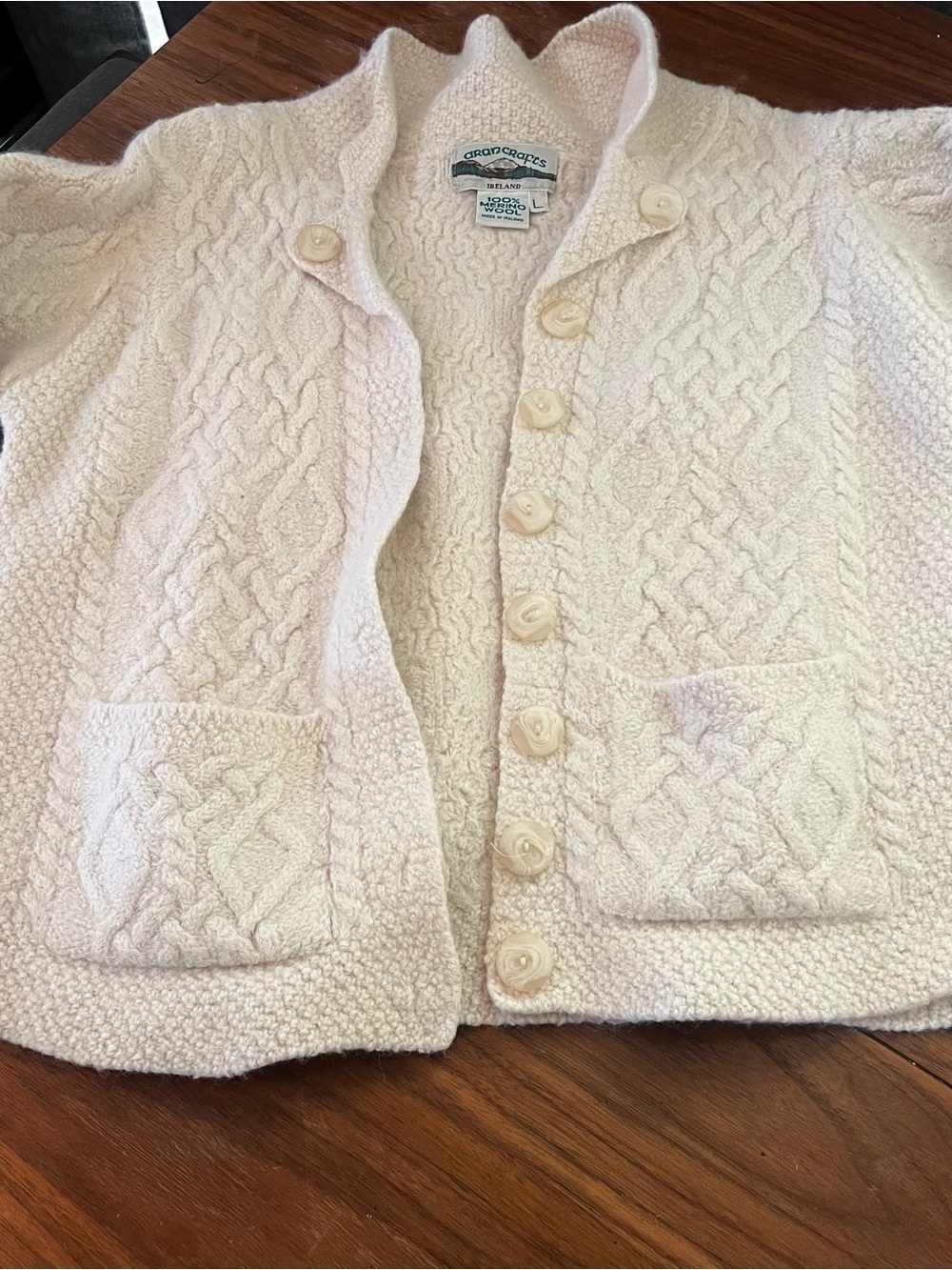 Aran Crafts Cream Cable Knit Button-Front Sweater 100 Percent Merino Wool